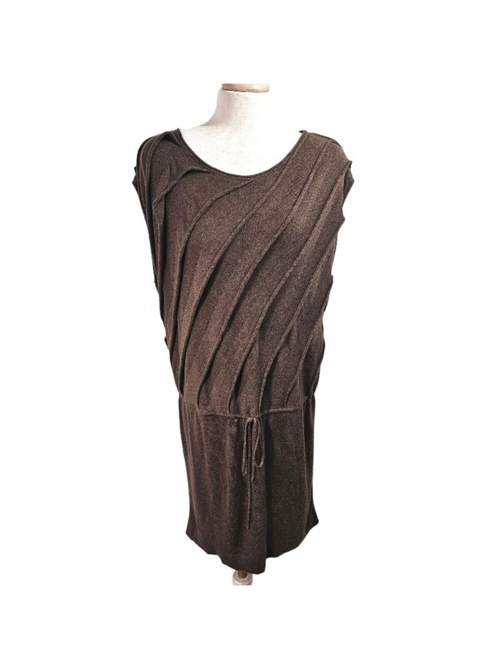 Studio M Brown Layered Drape Knit Dress Womens L Drawstring Blouson Cotton Rayon